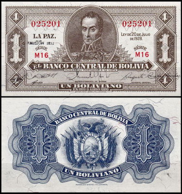 Боливия 1 боливиано 1928 (UNC Pick 128c) Эмиссия 1952 года