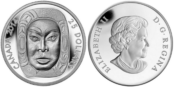Канада, 25 долларов 2014 год, Маска бога Луны Матриарха, ПРУФ