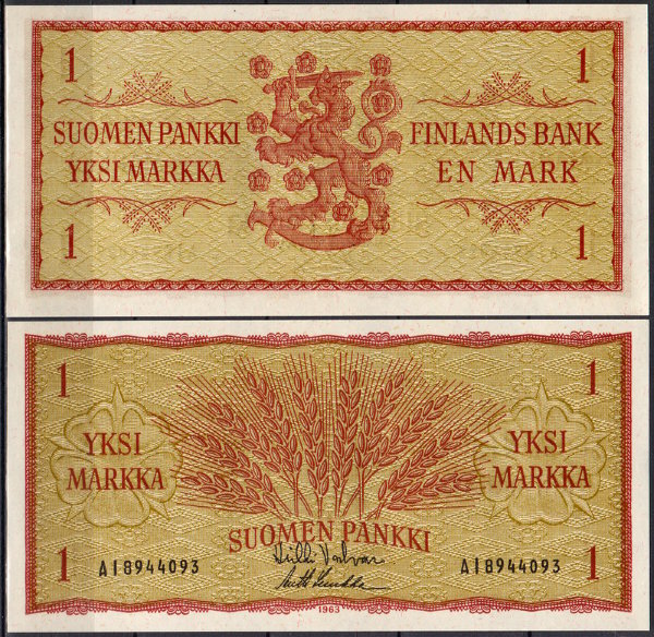 Финляндия 1 марка 1963 (UNC Pick 98)