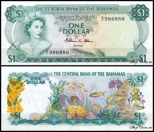 Багамские острова 1 доллар 1974 (AUNC Pick 35b) W.C.Allen