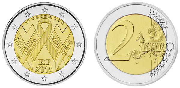 Франция, 2 евро 2014 (UNC) Всемирный день борьбы со СПИДом
