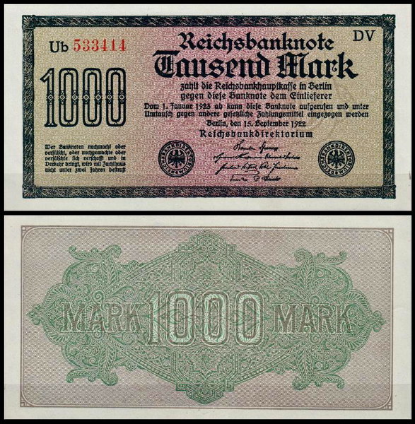 Германия 1000 марок 1922 UNC P.76 Вариант 7