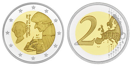 Нидерланды, 2 евро 2011 (UNC) 500 лет издания книги «Похвала глупости» Эразма Роттердамского
