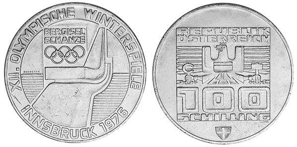 Австрия, 100 шиллингов 1976 год, XII Олимпийские игры в Инсбруке, Трамплин, Вена