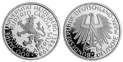Германия, 5 марок 1986 год, Гейдельбергский университет, ПРУФ