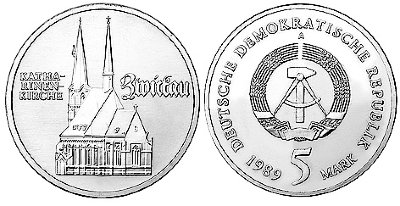 ГДР, 5 марок 1989 год, Томас Мюнцер, Цвикау