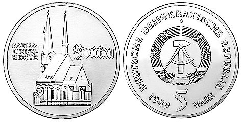 ГДР, 5 марок 1989 год, Томас Мюнцер, Цвикау