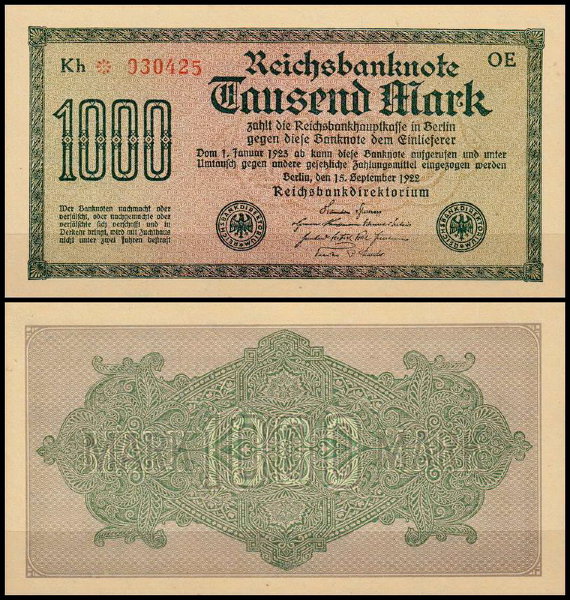 Германия 1000 марок 1922 UNC P.76 Вариант 2