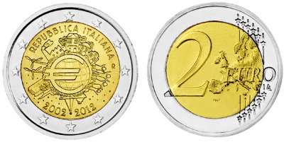 Италия, 2 евро 2012 год, 10 лет в составе ЕС