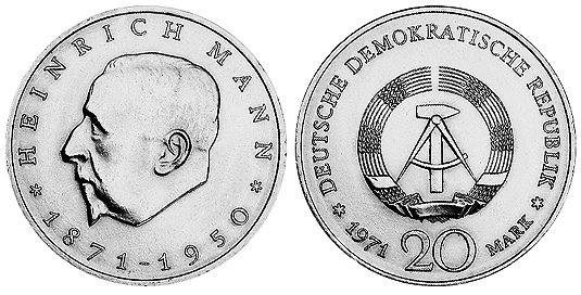 ГДР, 20 марок 1971 год, Генрих Манн