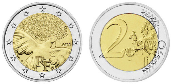 Франция, 2 евро 2015 (UNC) 70 лет мира в Европе