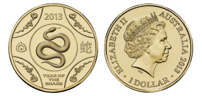 Австралия, 1 доллар 2013 (UNC, бронза) Лунный календарь, Год змеи