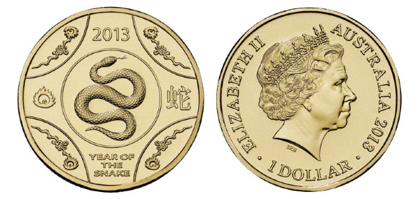 Австралия, 1 доллар 2013 (UNC, бронза) Лунный календарь, Год змеи