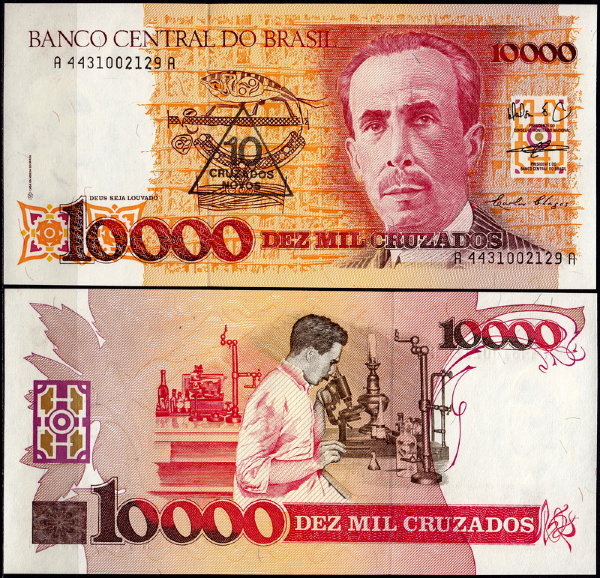 Бразилия 10 крузадо 1989-1990 (UNC Pick 218) На банкноте 10000 крузадо