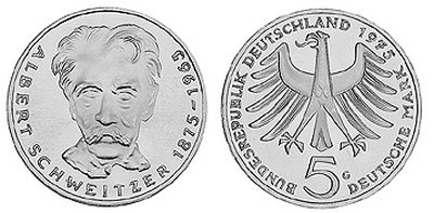 Германия, 5 марок 1975 год, Альберт Швейцер