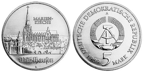 ГДР, 5 марок 1989 год, Томас Мюнцер, Мюльхаузен