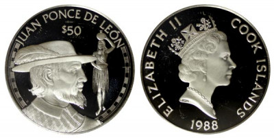 Острова Кука, 50 долларов 1988 год, Хуан Понсе де Леон