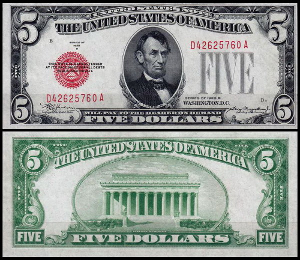 США 5 долларов 1928B (UNC Pick 379b) United States Note