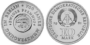 ГДР, 10 марок 1981 год, 700 лет первой монете отчеканенной в Берлине