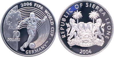 Сьерра Леоне, 10 долларов 2004 (PROOF, серебро) Чемпионат мира по футболу в Германии
