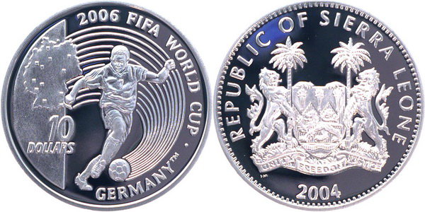 Сьерра Леоне, 10 долларов 2004 (PROOF, серебро) Чемпионат мира по футболу в Германии