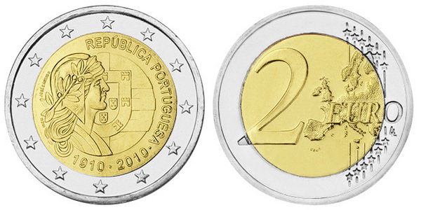 Португалия, 2 евро 2010 (UNC) 100-летие Португальской республики