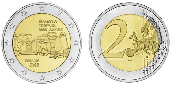 Мальта, 2 евро 2016 (UNC) Мальтийский доисторический комплекс Джгантия