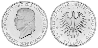 Германия, 10 евро 2010 J (UNC) 200 лет со дня рождения композитора Роберта Шумана