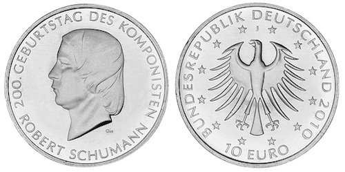 Германия, 10 евро 2010 J (UNC) 200 лет со дня рождения композитора Роберта Шумана