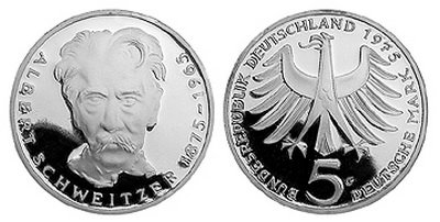 Германия, 5 марок 1975 год, Альберт Швейцер, ПРУФ