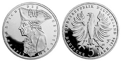 Германия, 5 марок 1986 год, Фридрих II Великий, ПРУФ