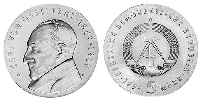 ГДР, 5 марок 1989 год, Карл фон Осецкий