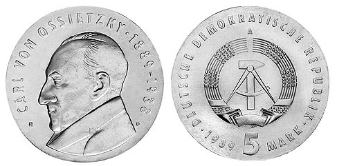 ГДР, 5 марок 1989 год, Карл фон Осецкий