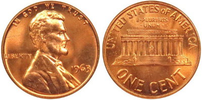 США, 1 цент 1963 год, UNC