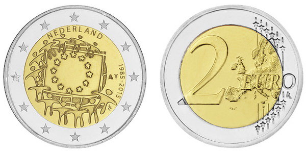 Нидерланды, 2 евро 2015 (UNC) 30 лет флагу ЕС