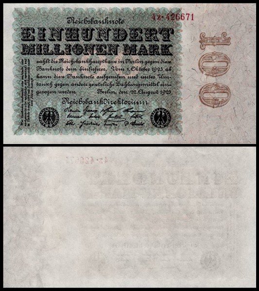 Германия 100000000 марок 1923 UNC P.107 Вариант 1