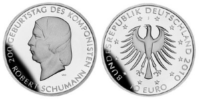 Германия, 10 евро 2010 J (PROOF) 200 лет со дня рождения композитора Роберта Шумана