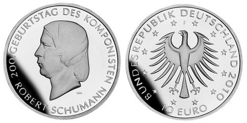 Германия, 10 евро 2010 J (PROOF) 200 лет со дня рождения композитора Роберта Шумана