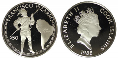 Острова Кука, 50 долларов 1988 год, Франциско Писарро