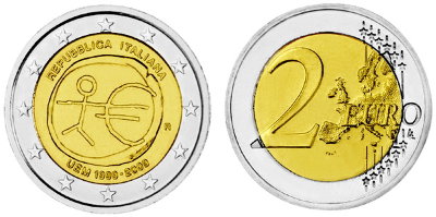 Италия, 2 евро 2009 год, 10 лет валютного и экономического союза