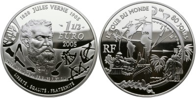 Франция, 1 1/2 евро 2005 год - Жюль Верн, вокруг света за 80 дней