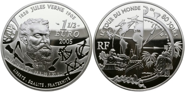 Франция, 1 1/2 евро 2005 год - Жюль Верн, вокруг света за 80 дней