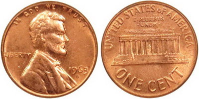 США, 1 цент 1963-D год, UNC