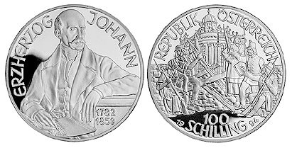 Австрия, 100 шиллингов 1994 год, Иоганн Баптист, ПРУФ
