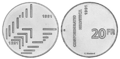 Швейцария, 20 франков 1991 год, 700 лет Швейцарской конфедерации