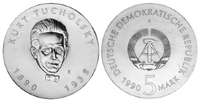 ГДР, 5 марок 1990 год, Курт Тухольский