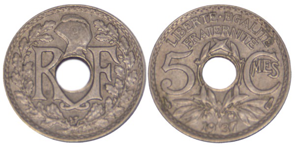 Франция, 5 сантимов 1937 год