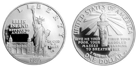 США, 1 доллар 1986 год, Музей иммиграции на острове Эллис, ПРУФ