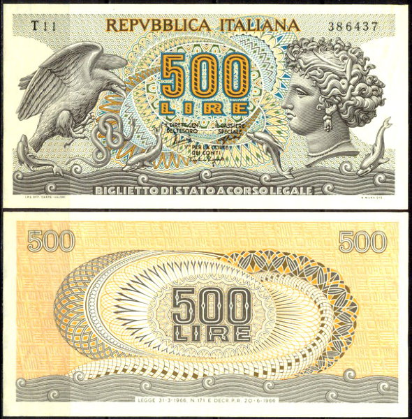 Италия 500 лир 1966-1970 (UNC Pick 93a)