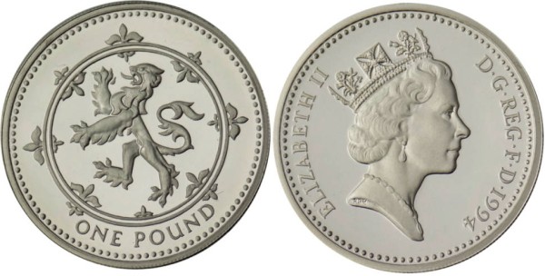 Англия, 1 фунт 1994 год, ПРУФ, Piedfort